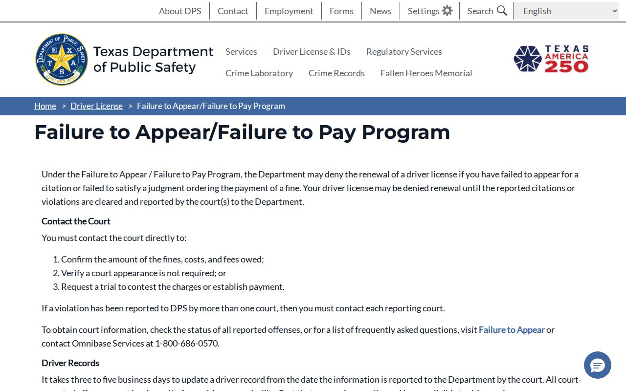 Texas DPS failure to appear court contact instructions for Castro County citations